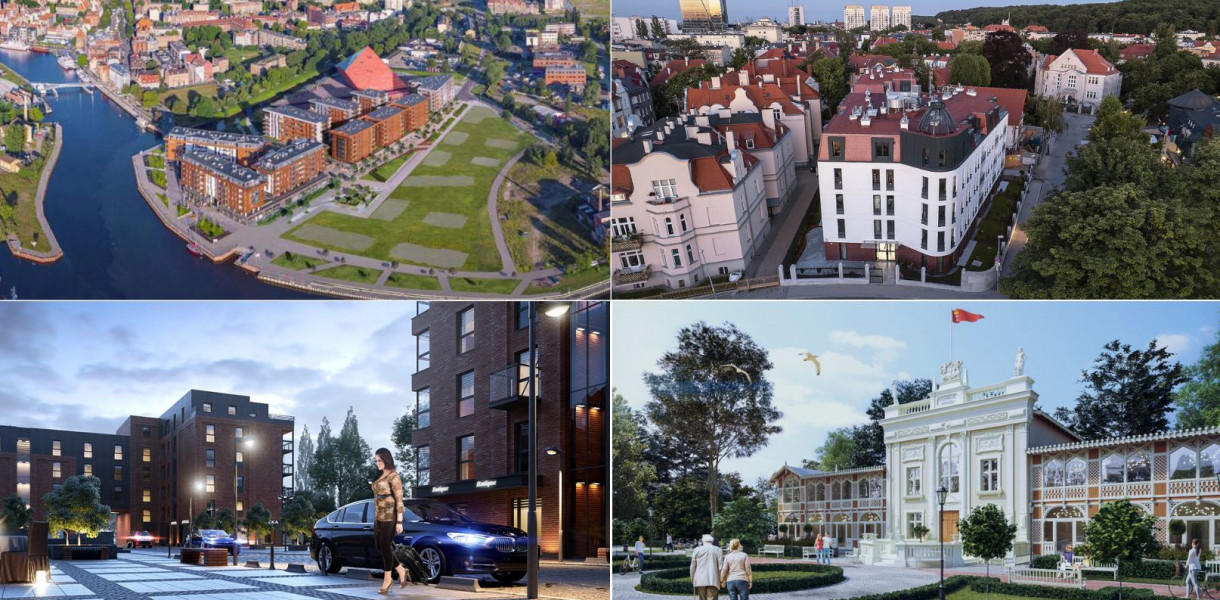 Materiały prasowe. W lewym górnym rogu: Invest Komfort - BRABANK, zgodnie z kierunkiem wskazówek zegara: INDAI - Kamienice Kołłątaja, P.B. Górski - BROWAR GDAŃSKI, Hevelianum - Dom Zdrojowy.