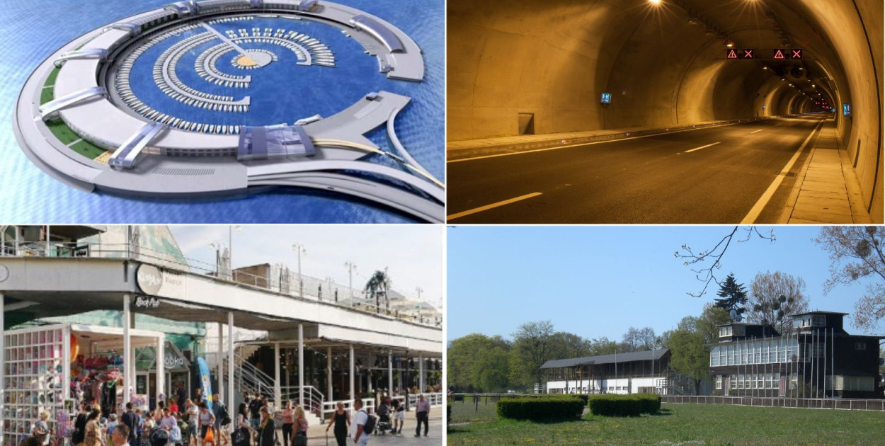 W lewym górnym rogu: wizualizacja sztucznej wyspy, materiały inwestora. W prawym górnym rogu: tunel - zdjęcie poglądowe, fot. Pixabay. W lewym dolnym rogu: budynek Algi. W prawym dolnym rogu: Hipodrom w Sopocie, fot. Lajsikonik (CC BY-SA 3.0).