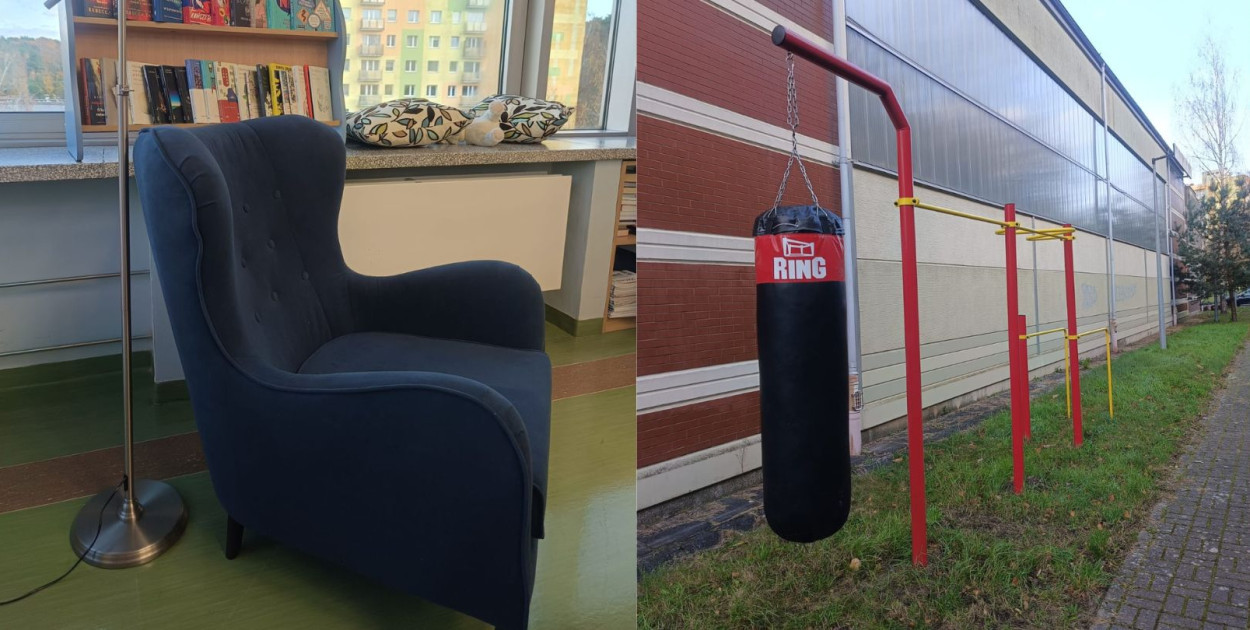 Strefa relaksu w III LO i sprzęt sportowy w ZST. Fot. UMS