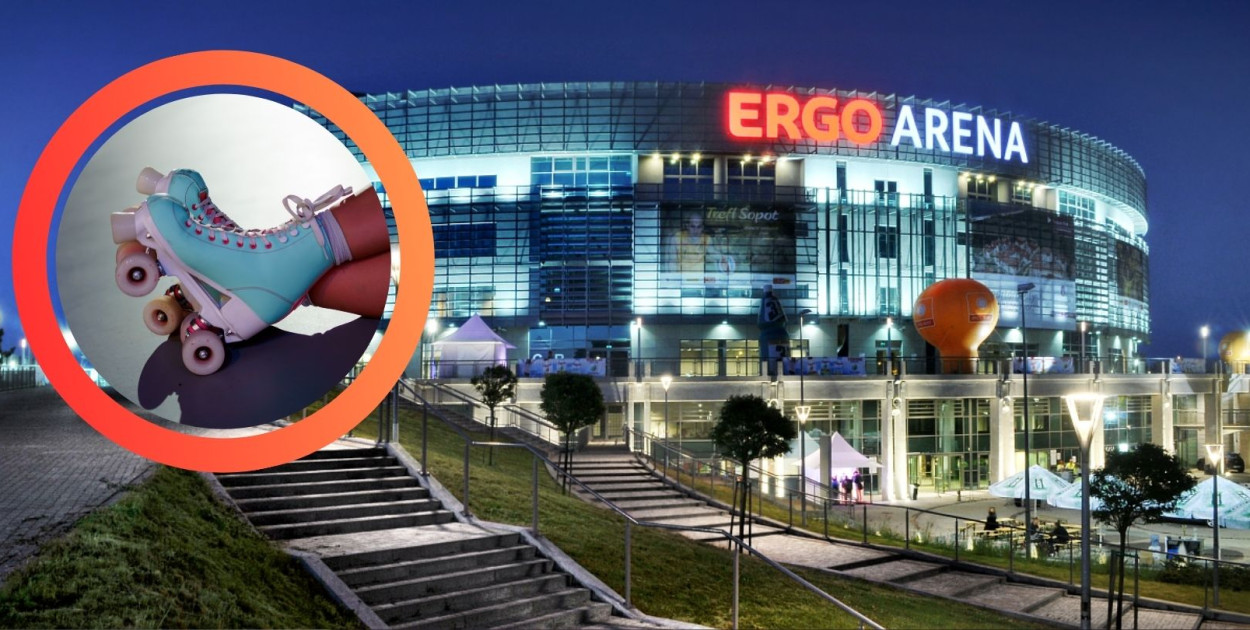 Hala widowiskowo-sportowa Ergo Arena, Gdańsk/Sopot. Fot. Lisarlena (CC BY-SA 3.0). W okręgu zdjęcie poglądowe, wrotki, fot. Pexels.