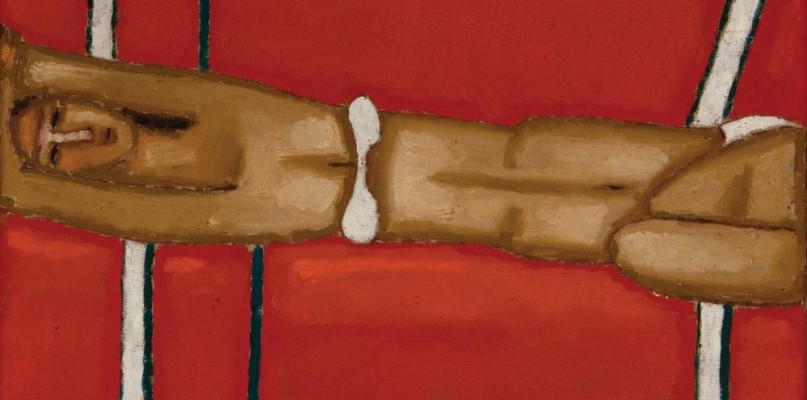 Jerzy Nowosielski, Akt leżący na czerwonym tle, olej na płotnie,1969, 38 x 55 cm