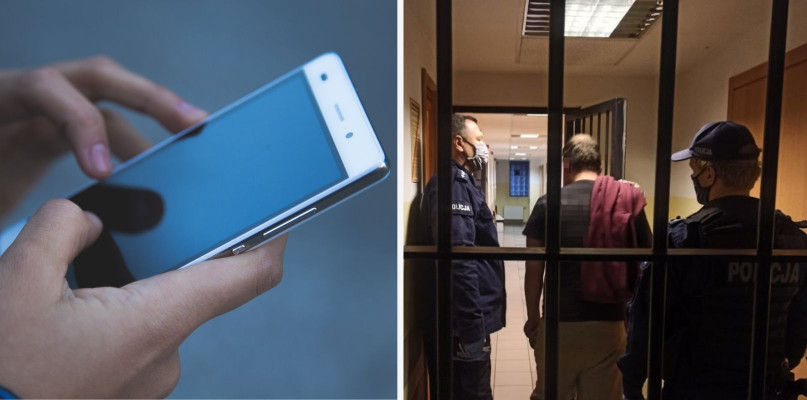 Po lewej: telefon, fot. Pixabay. Po prawej: zatrzymany sprawca kradzieży, fot. Komenda Miejska Policji w Sopocie