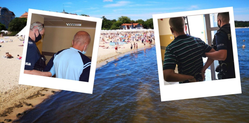 Plaża - zdjęcie poglądowe, fot. archiwum redakcji / Fotografie w ramkach - sprawcy rozboju, fot. Komenda Miejska Policji w Sopocie