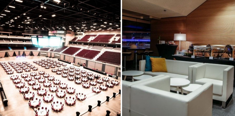 Z lewej strony: Układ bankietowy na płycie głównej, fot. archiwum Ergo Areny. Z prawej strony: Loża w ERGO ARENIE na kondygnacji IV, fot. Fotobank.PL / ERGO ARENA