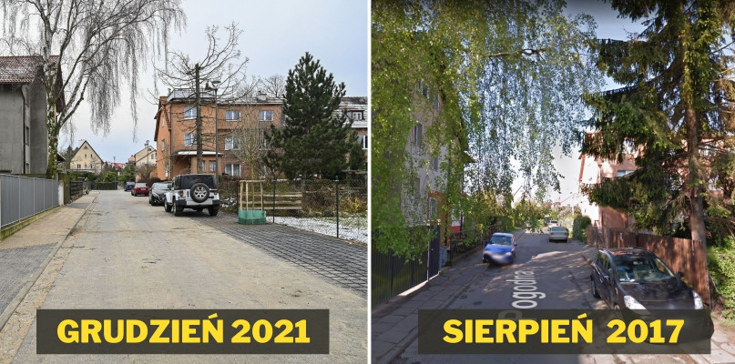 Po lewej ulica Pogodna po remoncie - grudzień 2021 r. Fot. Jerzy Bartkowski. Po prawej ulica Pogodna przed remontem - sierpień 2017 r. Fot. Google Maps.