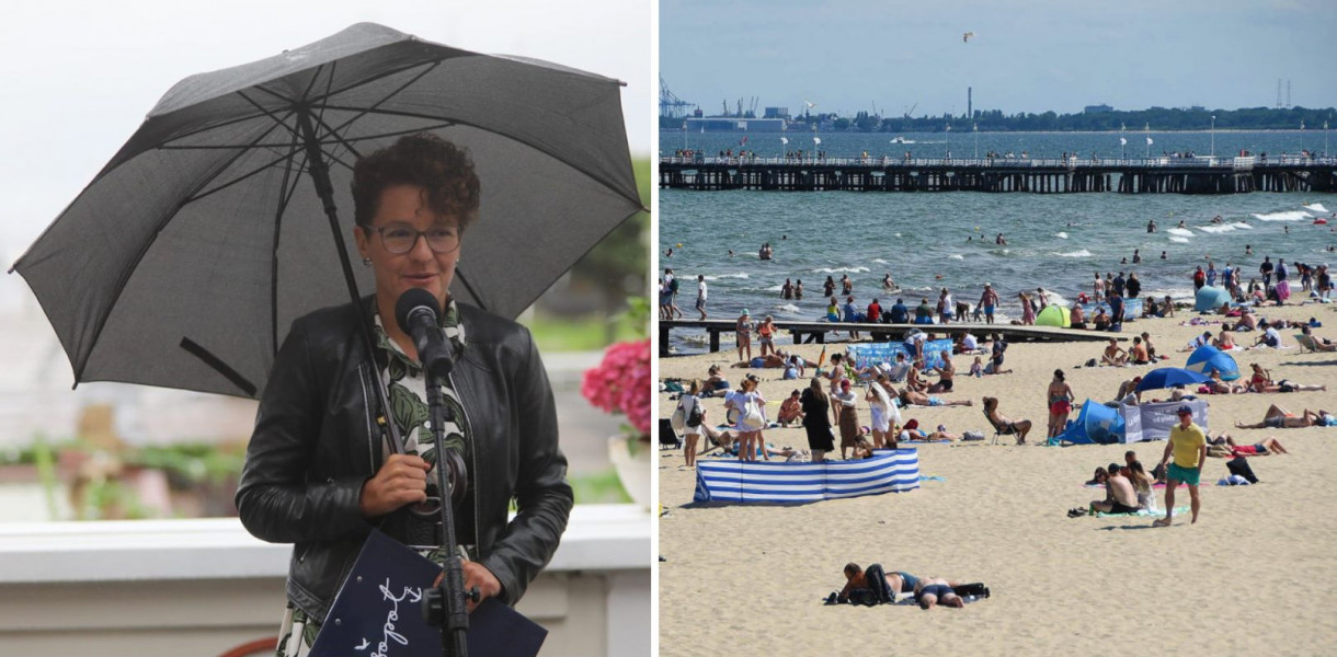 Po lewej: Magdalena Czarzyńska-Jachim, wiceprezydentka Sopotu. Fot. Krzysztof Mystkowski KFP/UMS. Po prawej: plaża w Sopocie, fot. Rafał Czajka.