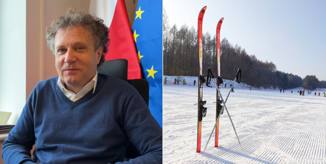 Po lewej: Jacek Karnowski, poseł na Sejm X kadencji. Źródło: Facebook: Jacek Karnowski Poseł na Sejm RP z Pomorza. Po prawej: narty wbite w śnieg, fot. Pixabay.