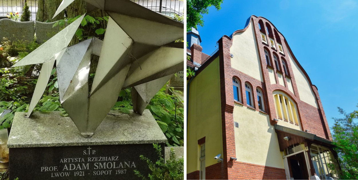 Po lewej: Grób Adama Smolany na cmentarzu komunalnym w Sopocie. Fot. Kordiann (CC BY-SA 4.0). Po prawej: Muzeum Sopotu, fot. esopot.pl