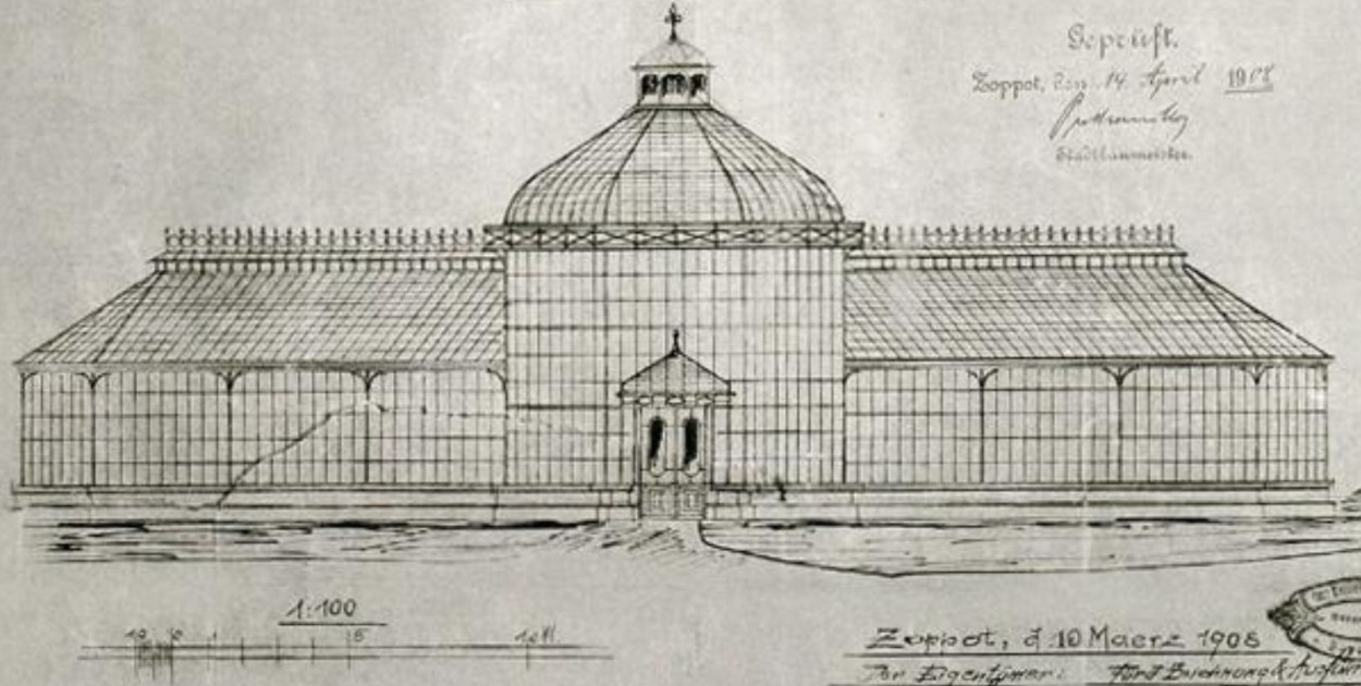 Frontowy rzut projektu szklarni na terenie posiadłości Herbstów, rysunek z 1908 r.  (MS Muzeum Sopotu, APG O. Gdynia), za: www.dawnysopot.pl.