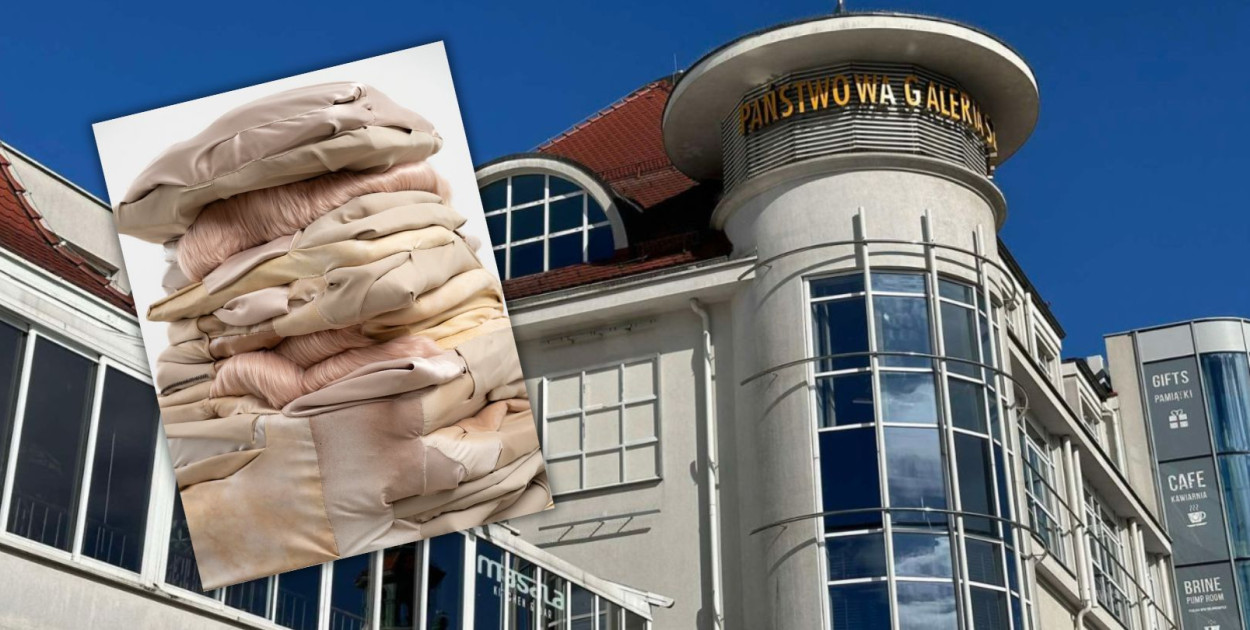 Kolaż. Na zdjęciu w tle Państwowa Galeria Sztuki. Praca artystyczna z lewej: Martyna Pinkowska, Zrób ze sobą porządek (Get Yourself Cleaned Up), 2023–2024.