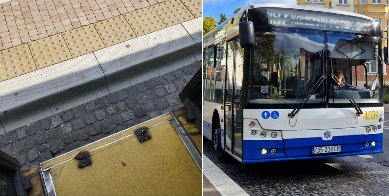 Na zdjęciu z lewej widzimy odległość między autobusem a krawężnikiem. Na zdjęciu z prawej zaprezentowane fotografię poglądową, przedstawiającą autobus linii 187.