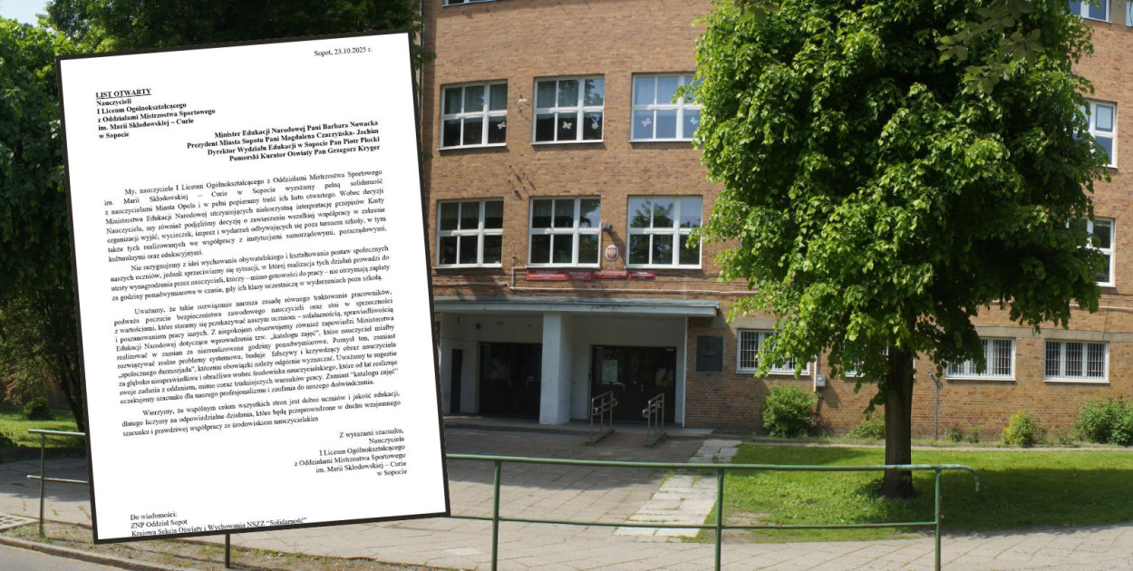 Kolaż. Zdjęcie w tle: fot. 1losopot.pl. Zdjęcie na pierwszym planie: I Liceum Ogólnokształcące im. Marii Skłodowskiej-Curie w Sopocie  - Facebook