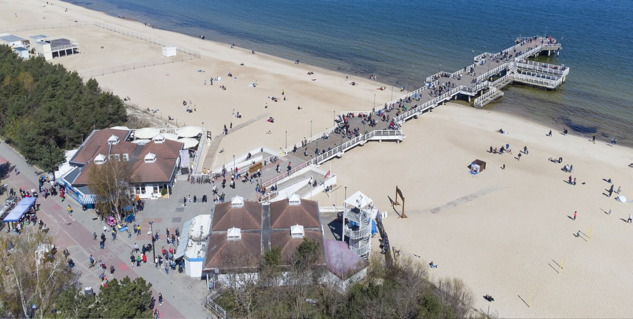 Zdjęcie poglądowe. Molo w Gdańsku Brzeźnie w 2022 roku. Widok z powietrza, w kierunku północnym. Fot. Emptywords (CC BY-SA 4.0)