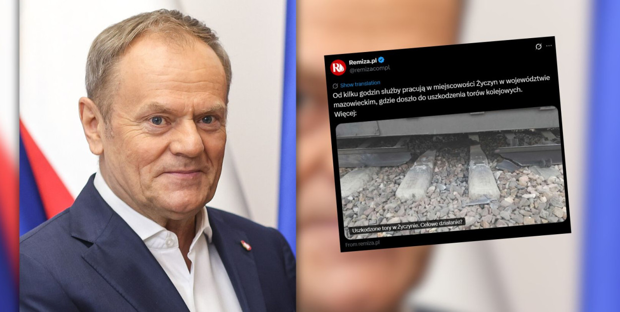 Kolaż. Z lewej strony na zdjęciu premier Donald Tusk, fot. gov.pl. Z prawej na zdjęciu: post z profilu Remiza.pl na platformie X.