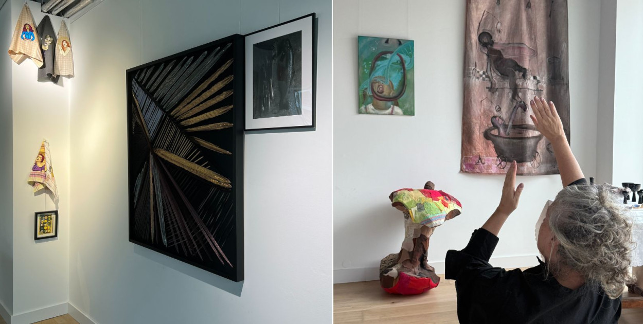 FOTOGRAFIA Z LEWEJ: Po lewej Ściereczki z serii Ona, Magdalena Leśniak (Kielce)  U dołu – Kolaż z serii Podróże, Agnieszka Srokosz (Gdynia)  Tkania Natalii Babicz-Bereźnieckiej (Sopot).  Po prawej fotografa z cyklu Martwa natura – Daria Zarówna-Giza (Pruszcz Gdański). FOTOGRAFIA Z PRAWEJ: Anna Królikiewicz, kuratorka wystawy.  Przed nią obiekt Ogryzek, Julia Tymańska (Gdańsk)  Obraz Przepis na lepszą strukturę, Marta Koniarska (Gdynia)  Niekondygnacje z serii Prześcieradła, Henryk Cześnik (Sopot