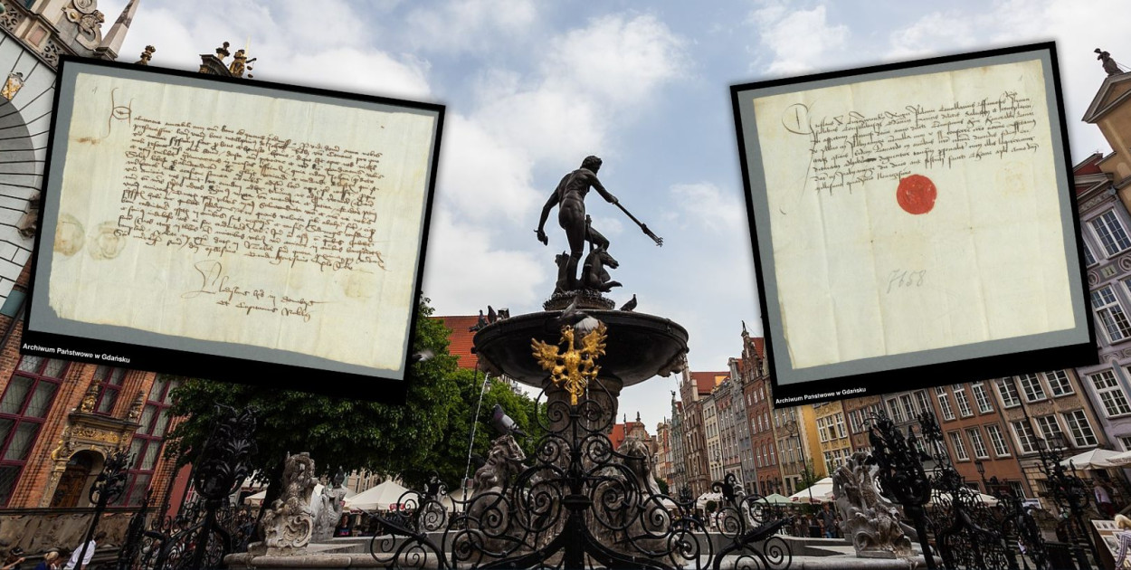 Zdjęcie w tle: fontanna Neptuna w Gdańsku, fot. Diego Delso (CC BY-SA 3.0). Zdjęcia dokumentów: Archiwum Państwowe w Gdańsku.