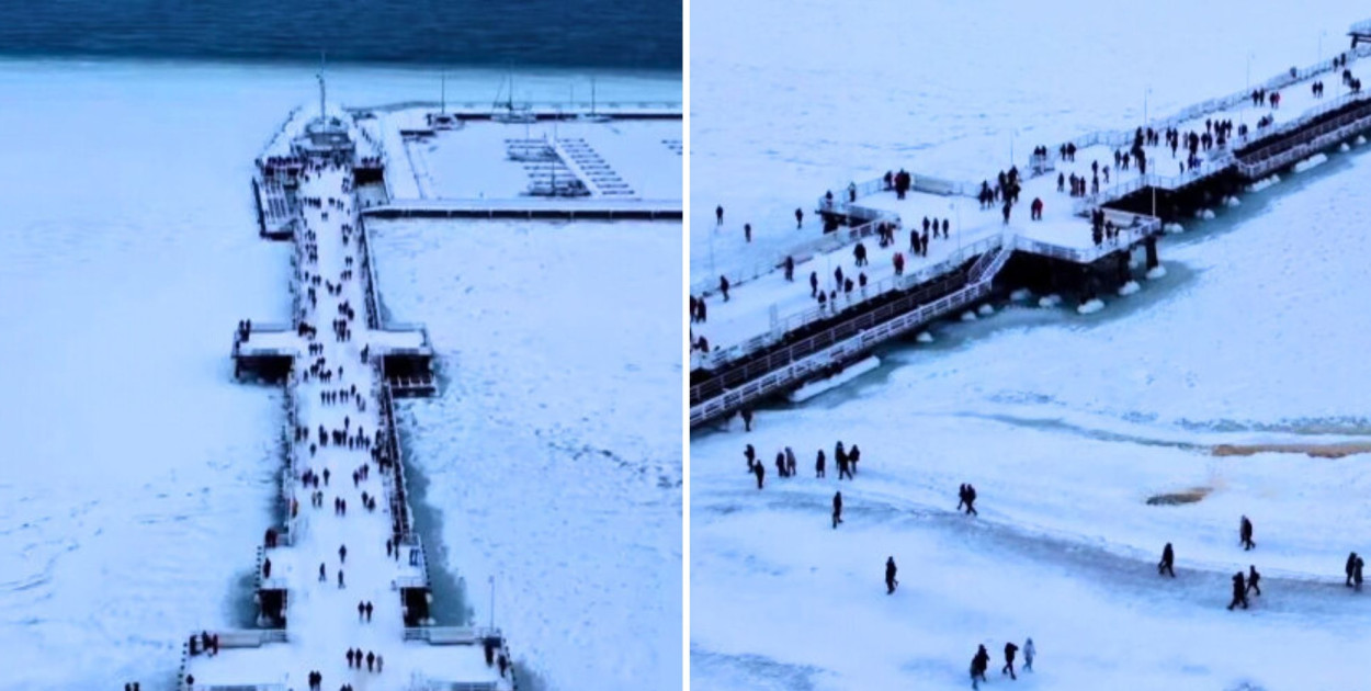 Spektakularny widok z Sopotu. Molo i skuty lodem Bałtyk z lotu ptaka [WIDEO]