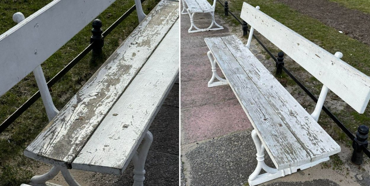 Łuszcząca się farba i popękane deski! Tak wyglądają ławki przy molo