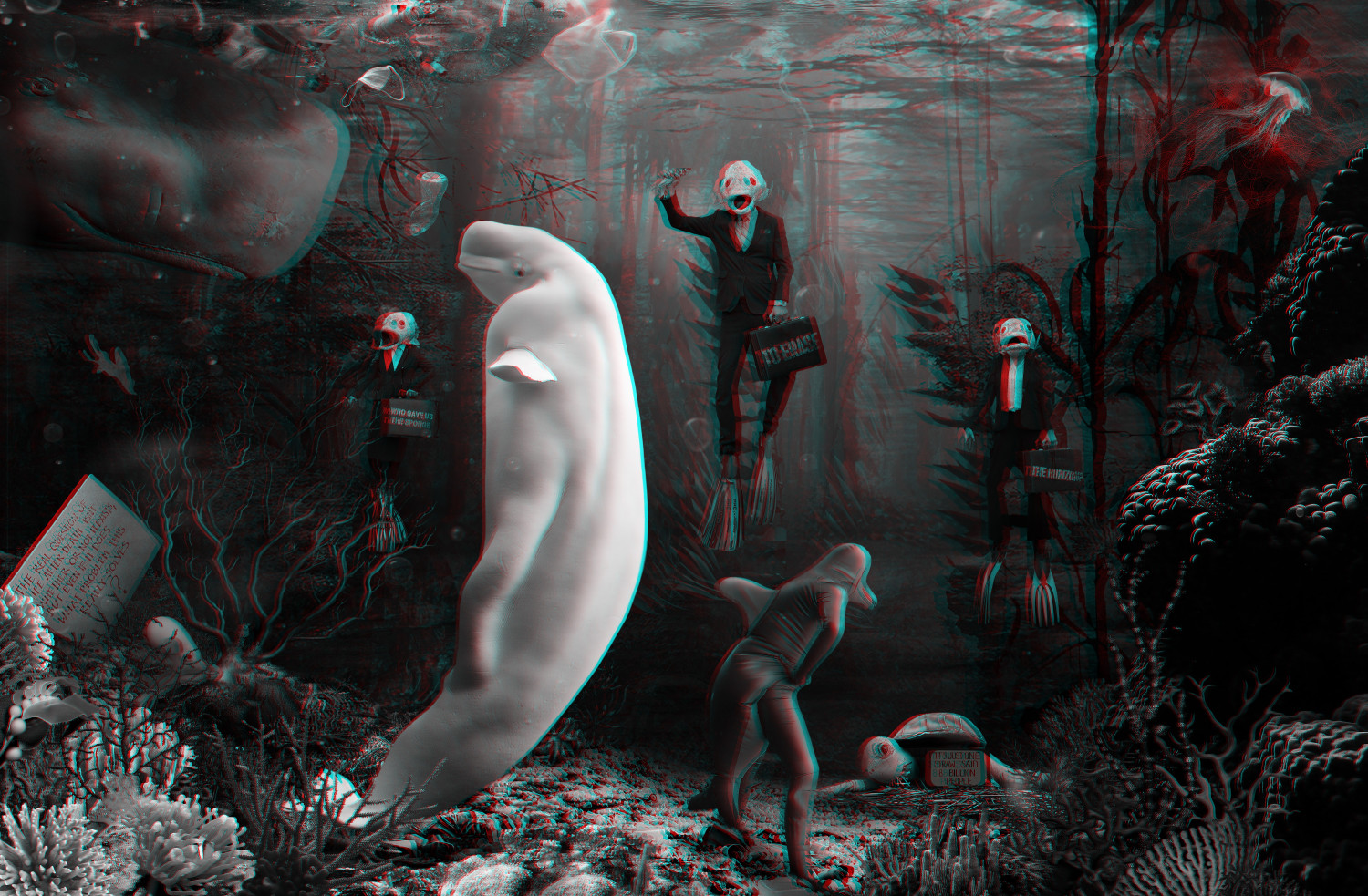 Goshka Macuga, Who Gave Us a Sponge to Erase the Horizon Gobelin z przędzy mieszanej, 3D glasses, 293 x 474 cm