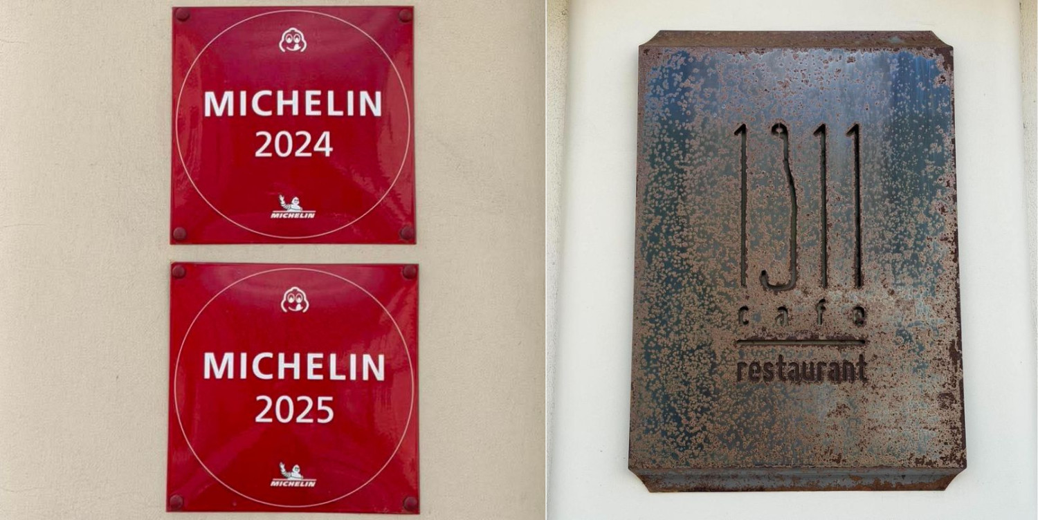Z lewej strony: tabliczki informujące o wyróżnieniach Michelin. Z prawej strony: szyld restauracji 1911. Fot. esopot.pl Z lewej strony: tabliczki informujące o wyróżnieniach Michelin. Z prawej strony: szyld restauracji 1911. Fot. esopot.pl