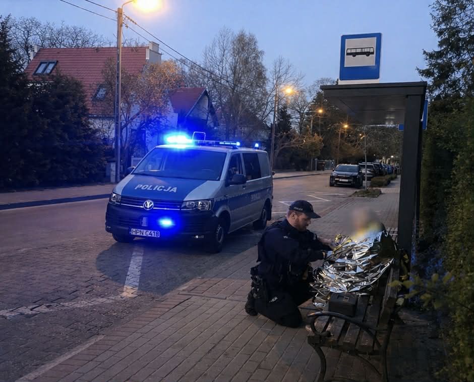 Fot. Komenda Miejska Policji w SopociePolicjant nakrywający seniorkę kocem termicznym podczas interwencji. Fot. Komenda Miejska Policji w Sopocie