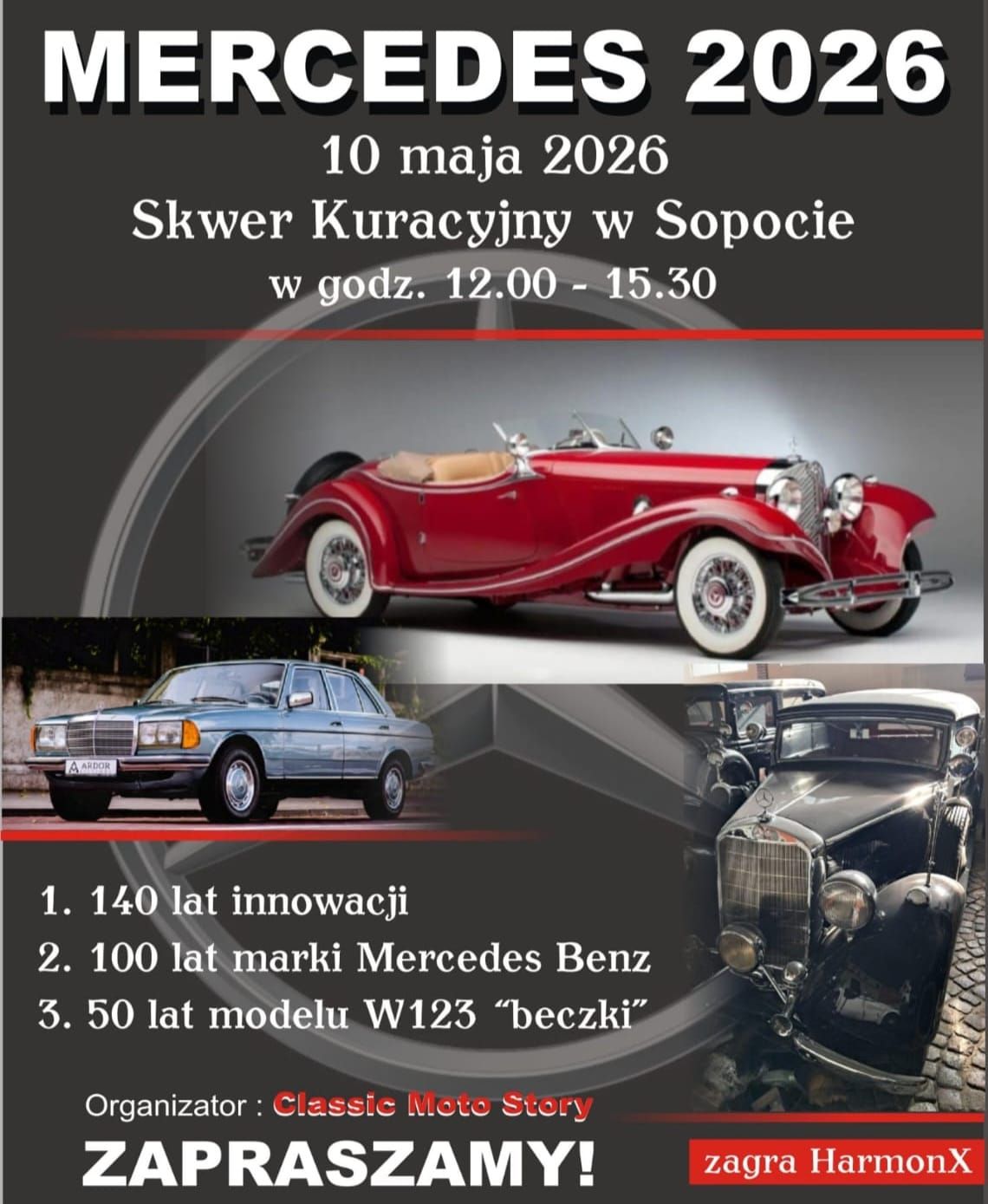 Plakat wystawa mercedesów w Sopocie 10.05.2026