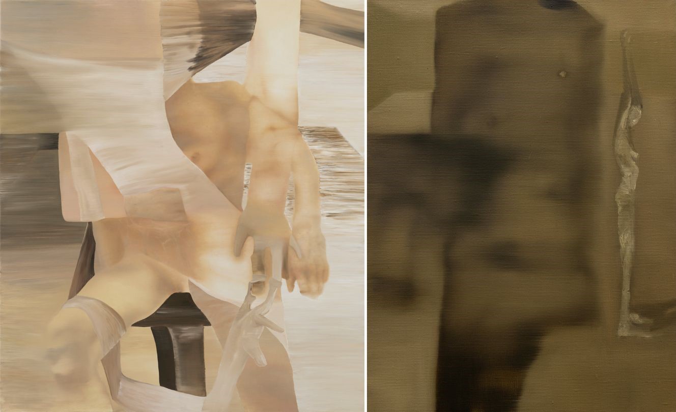 Z lewej: Martyna Pinkowska, Moja ręka, jej ręka (My Hand, Her Hand), 2024. Z prawej: Martyna Pinkowska, Spasowanie (Giving Up), 2023.