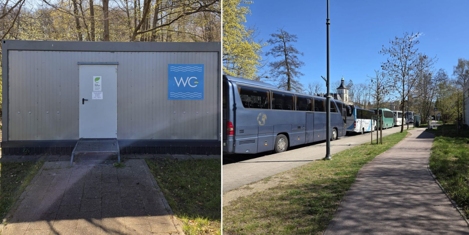Toaleta przy ul. Haffnera w Sopocie (z lewej) oraz autokary parkujące wzdłuż ulicy (z prawej). Fot. esopot.pl