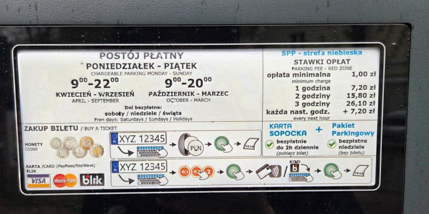 Parkomat w Sopocie zawierający błąd w tłumaczeniu.