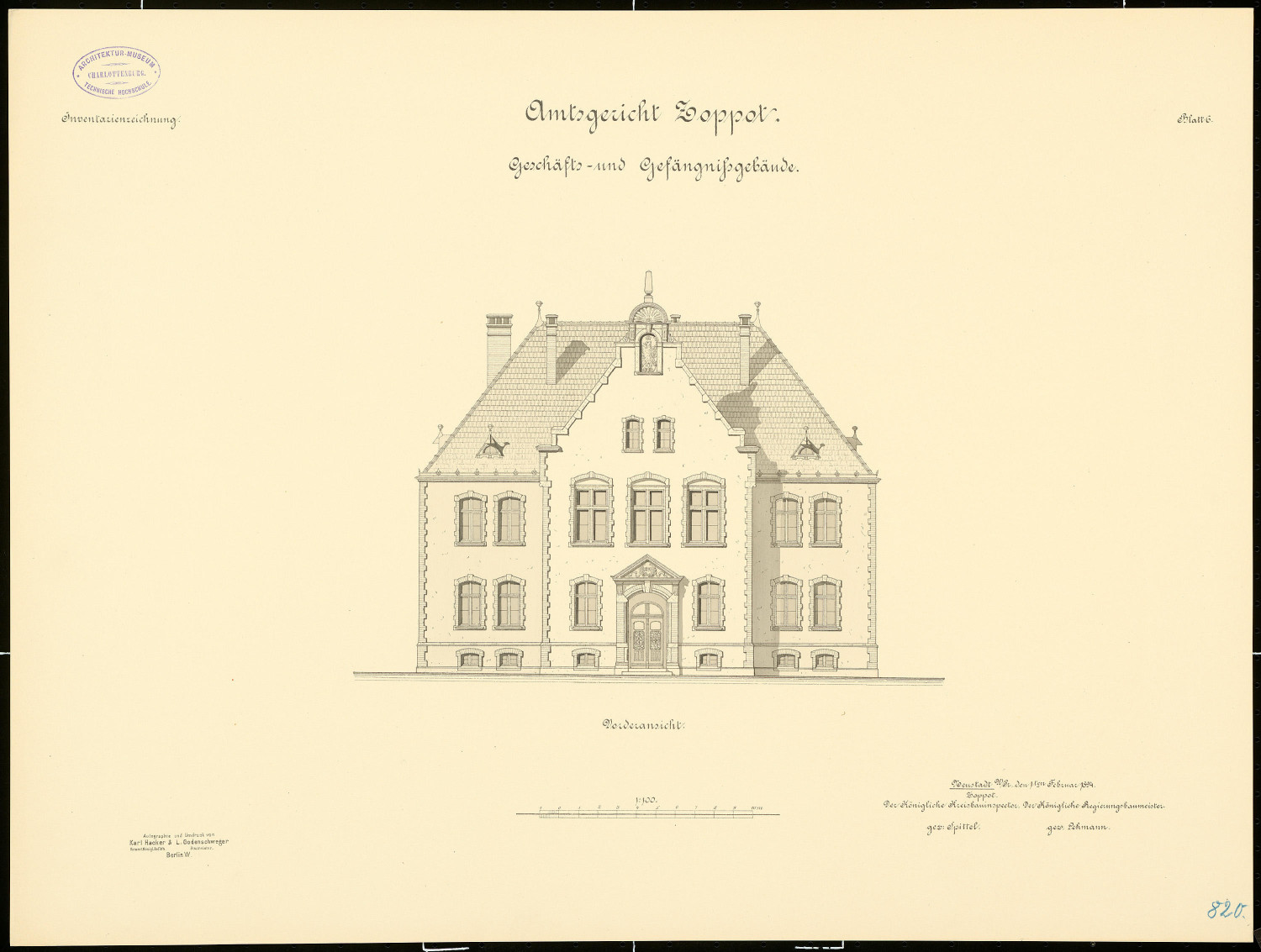 Fragment planu architektonicznego sądu w Sopocie przy ul. 1 Maja 10. Źródło pochodzenia: Muzeum Architektury Politechnika Berlińska