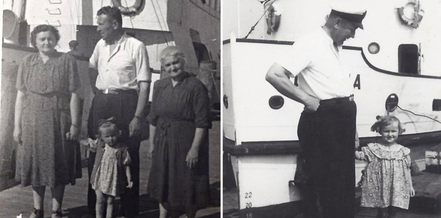 Po lewej: Eugenia, Augustyn i Czesława Tarchałowie oraz Maria Dutka - teściową bosmana, 1952 r. Po prawej: Augustyn Tarchała z córką Czesławą, Sopot 1953 r. / Materiały Muzeum Sopotu