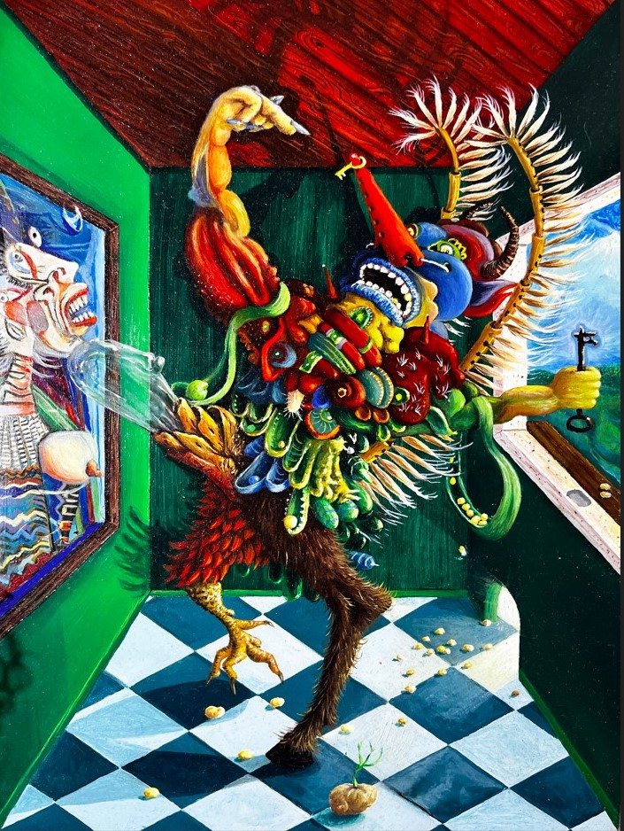 Tomasz Kulka. Czarnota, farba olejna i szlagmetal na drewnie.