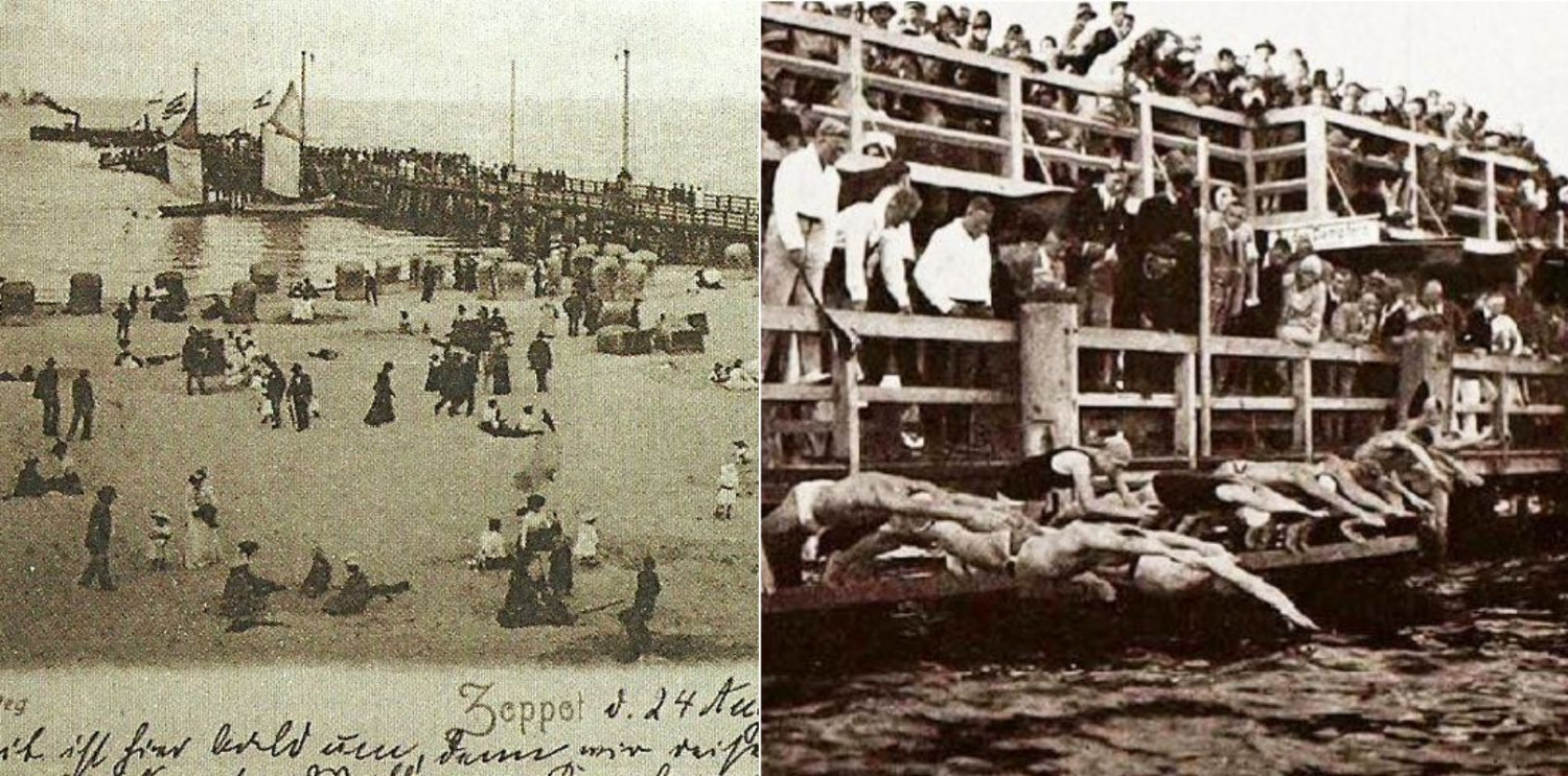 Po lewej: widok na część plaży i molo, pocztówka z 1903 roku (źródło: Sopot w starych fotografiach..., s. 5). Po prawej: zawody pływackie organizowane koło sopockiego molo (źródło: Sopoty (Wolne Miasto Gdańsk). Kąpielisko światowej sławy nad Bałtykiem celem Waszej podróży w roku 1935, Gdańsk 1935, s. 19)