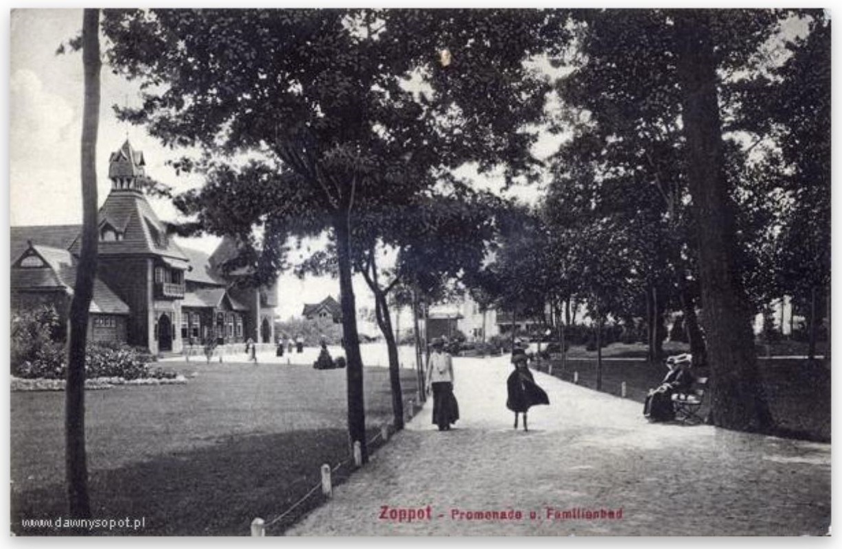 Łazienki Południowe. Widok z nadmorskiej promenady, zdjęcie z ok. 1910 r. (TPS & Co,. 1910 r.) | Źródło: dawnysopot.pl