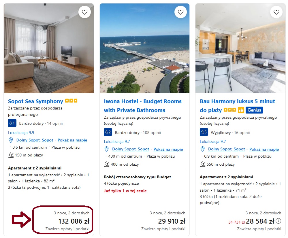 Przykładowe oferty z serwisu Booking.com.