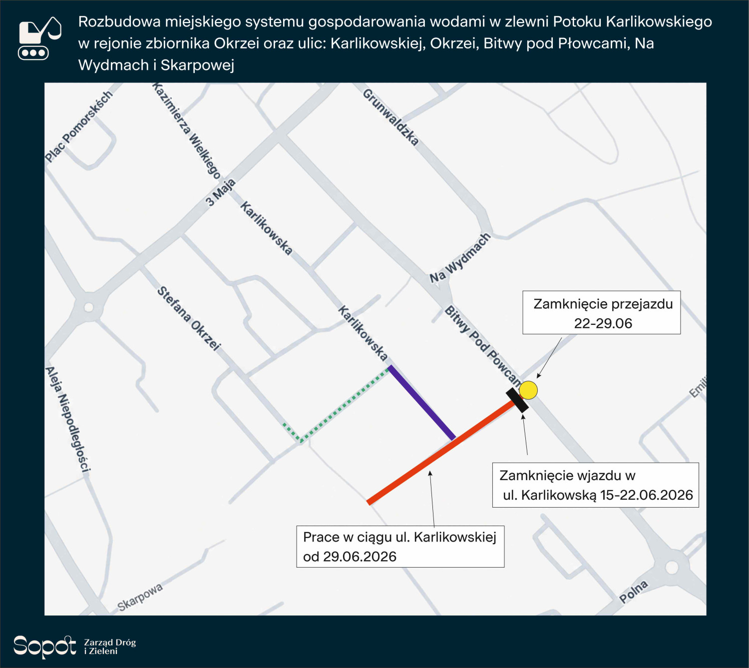 Mapa utrudnień drogowych. Materiały Zarządu Dróg i Zieleni w Sopocie.