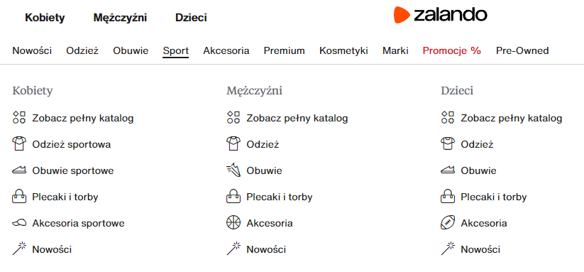 Intuicyjna struktura menu witryny Zalando. Źródło: www.zalando.com.