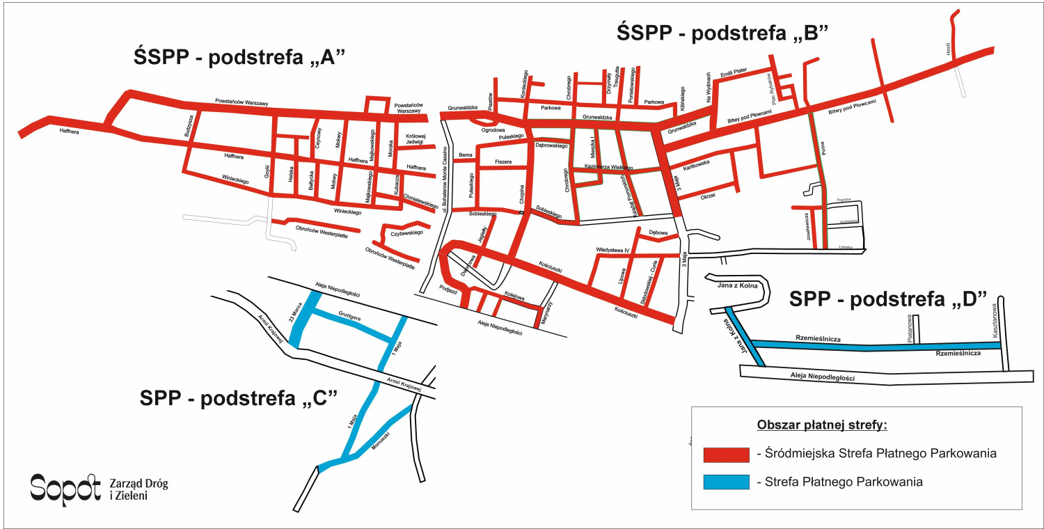 Mapa przedstawiająca Śródmiejska Strefa Płatnego Parkowania oraz Strefę Płatnego Parkowania w Sopocie. Materiały Zarządu Dróg i Zieleni w Sopocie.