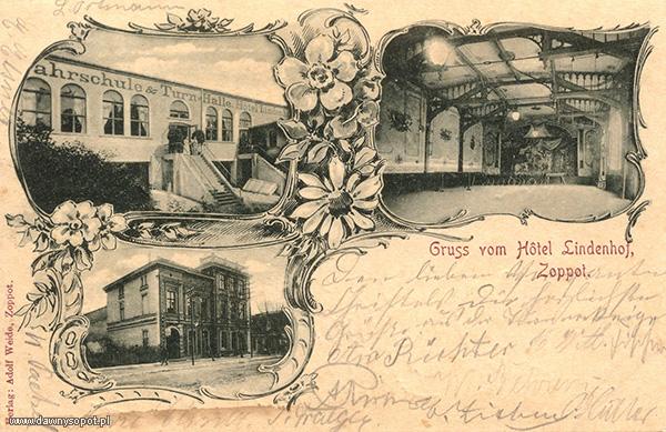 Hotel Lipowy Dwór przy dawnej ul. Pomorskiej 5, na pocztówce z 1899 r.  (Źródło: UM, Adolf Weide, 1899 r.), za: www.dawnysopot.pl.