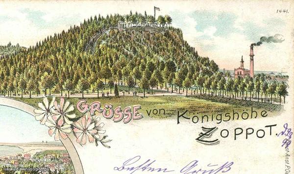 Widok na Królewskie Wzgórze (Wzgórze Stiewego), widoczne stoliki restauracji oraz punkt widokowy, litografia z 1899 r. (KC), za: www.dawnysopot.pl.