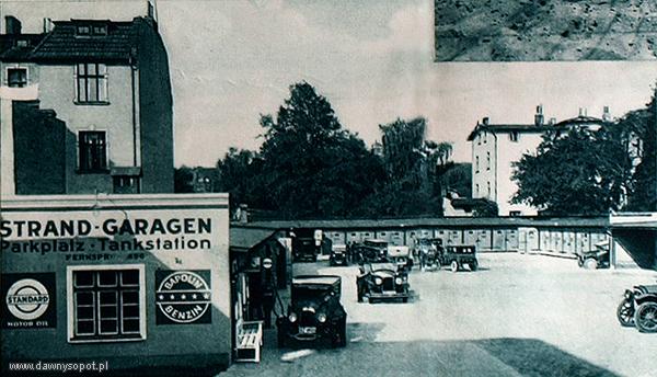 Garaż Plażowy na reklamówce z 1930 r. - szoferzy oraz pierwszej klasy miejsca parkingowe, zdjęcie z ok. 1930 r. (BMS PAH), za: www.dawnysopot.pl.