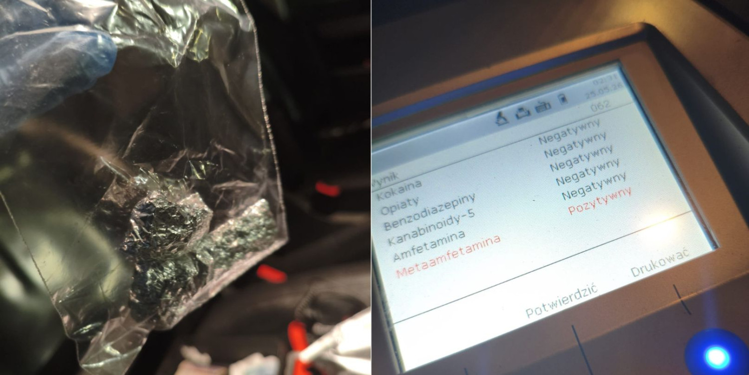 Z lewej: narkotyki znalezione przy zatrzymanym. Z prawej: wyniki badania na obecność narkotyków. Fot. Komenda Miejska Policji w Sopocie