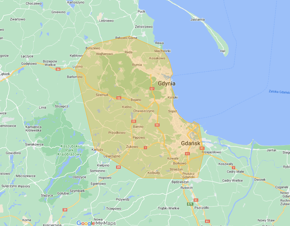 Mapa obszaru, na którym dowożone są choinki / choinkinaklik.pl