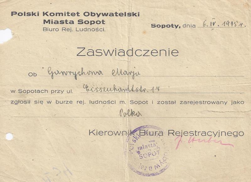 Zaświadczenie, Sopot 1945 r. / Materiały Muzeum Sopotu